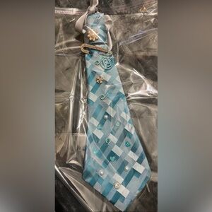 Embellished Aqua Plaid Tie with Jewels